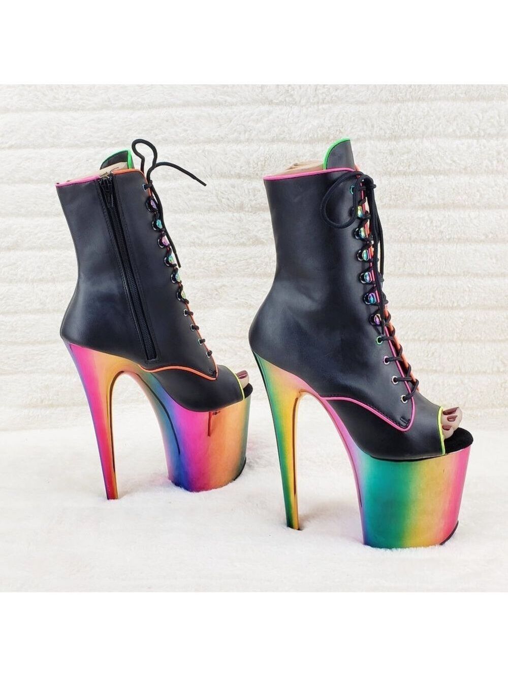 Rainbow Chrome & UV Neon Trim 8" Open Toe Platform Ankle Boots Flamingo RC